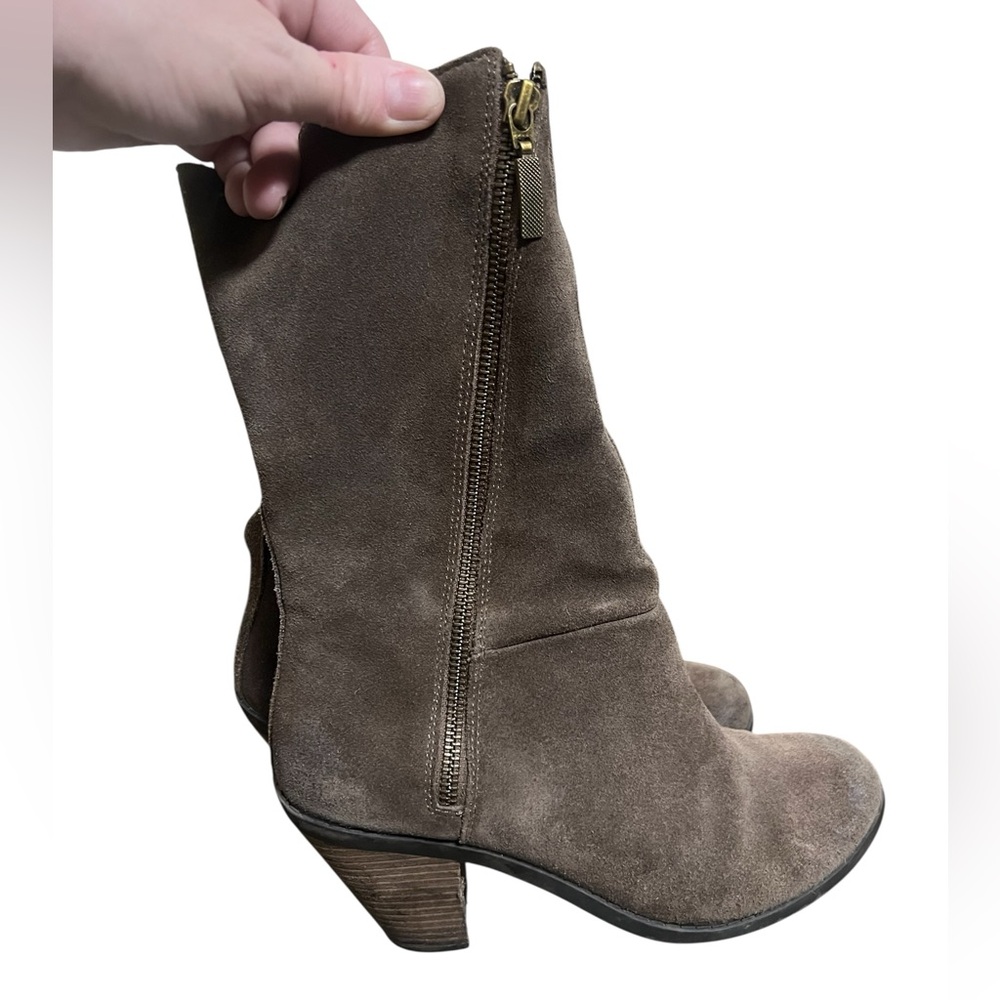 Adam Tucker Isadora taupe suede convertible zipper boots with block heel